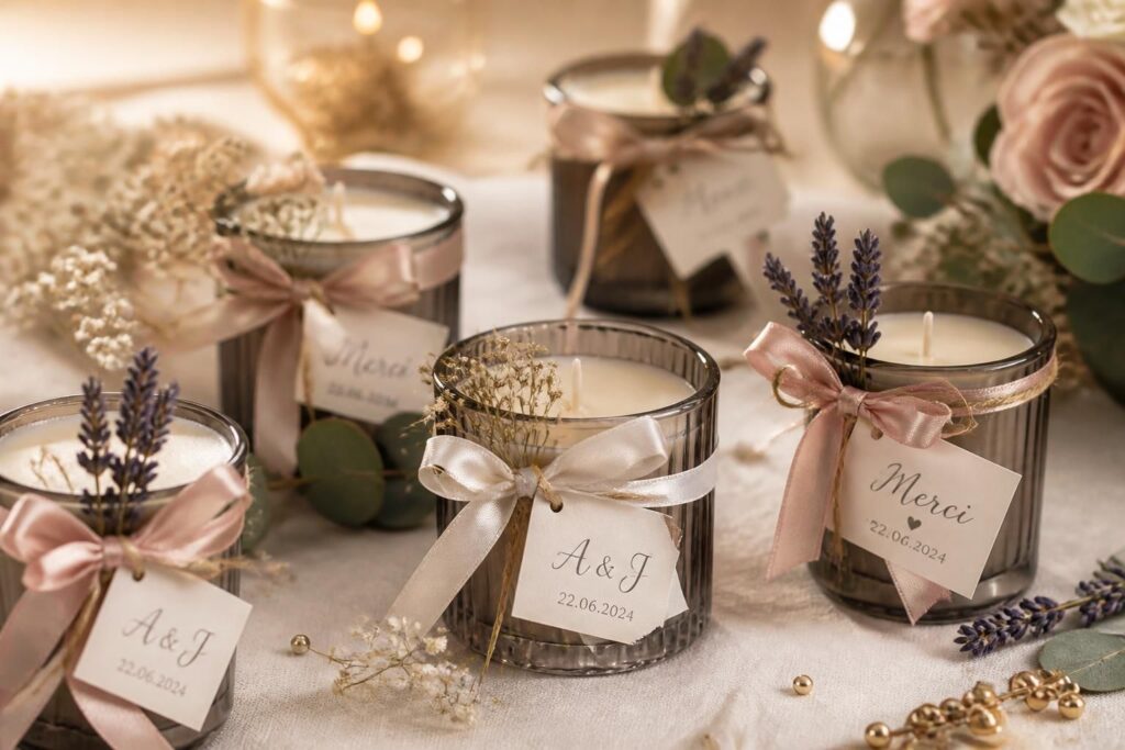 découvrez des idées élégantes de cadeaux invités mariage sous forme de bougies parfumées, parfaites pour offrir un souvenir chaleureux et raffiné à vos proches.