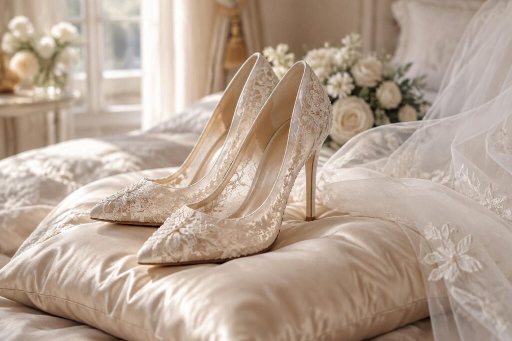 découvrez nos chaussures de mariée en dentelle, où élégance et délicatesse s’unissent pour sublimer votre tenue le jour de votre mariage.