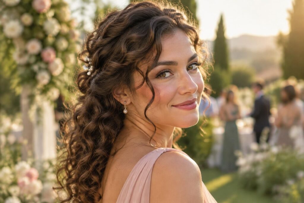 découvrez des idées de coiffures de mariage pour invitée aux cheveux bouclés : chignons, demi-attaches et accessoires élégants, faciles à réaliser.